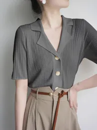 Chemisiers pour femmes coréen glace soie tricoté hauts femmes solides à manches courtes simple boutonnage T-shirt lâche revers col printemps été t-shirt