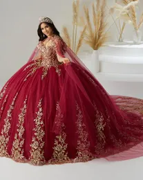 Burgundy Gold Sweetheart Quinceanera Dresses with Long Cape Applique Floral Lack-up Back Prom vestidos debutantes 15 anos