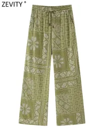 Calças Femininas Capris Zevity Femininas Vintage Paisley Estampa de Flores Casual Calças de Perna Larga Feminino Chic Cintura Elástica Bolsos com Cadarço Calças Longas P3993 230717