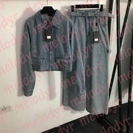 Kvinnor denimjacka byxor set med hög midja breda ben jeans vår höst långärmad denimrock modedesigner casual set