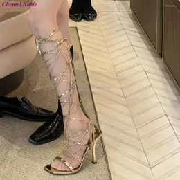 One Sandals Binding word Tape Long Barrel Sandal Thin High Heel Square Toe Summer Fashion Sexy Shoes Part