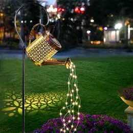 Garden Decorations Watering Can Hanging Solar Powered Lantern Art Light Decor Metal Waterfall String for Patio Yard Pathway Plant Vine 230717