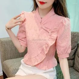 エスニック服2023中国の改善タングスーツブラウス女性ピンクのフリルエッジバックルジャクアーバブル半袖Lady ol csual Daily