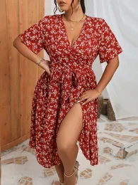 Основные повседневные платья платье Finjani Plus Size Женская одежда Allover Floral Print Ruffled Hem Платье летние лук спереди для вечеринок 230717