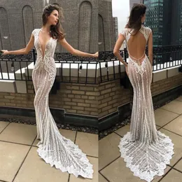 Sexig Berta 2020 Illusion Top Mermaid Wedding Dresses Deep V Neck Lace Appliqued Bridal Gowns Vestido de Novia Cap Sleeve Beach Wed227s