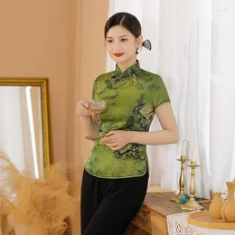 Etniska kläder Elegant Green Qipao Women Satin Silk Tang Clothes Vintage Chinese Style Top Print Floral Cheongsam Short Sleeve Hanfu Shirts