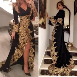 Kaftan dubai stil muslimska kvällsklänningar långa ärmar svart velor guld applikationer damer formella prom klänningar abiye gece elbisesi339z