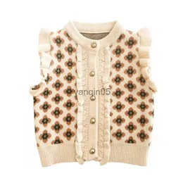 Pullover 1-5 anni Neonata Gilet lavorato a maglia Primavera Autunno Fiori Stampa Maglione Cardigan per bambini Senza maniche Abbigliamento per bambini Completi per ragazze HKD230719