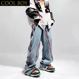 Jeans Masculino F MENINAS Hip Hop Punk Calça Masculina com Zíper Lateral e Botão Grande Calças Jeans Preta Masculina Solta Casual Japonesa Streetwear
