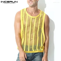 Men's Tank Tops INCERUN Men Mesh Transparent O-neck Sleeveless Sexy Male Vests Streetwear Summer 2023 Breathable Vacation Clothing