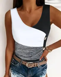 Kvinnors blusar Ninimour Women Colorblock Button Detalj Tank TOP 2023 Summer V Neck Sleeveless Pullover T-shirts Casual Femme Clothes