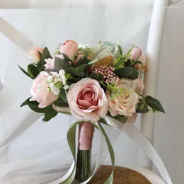 Hochzeitsblumen Ankunft Real Tounch Künstliche Rosen Altrosa Mix mit Baby Round Bridal Brautjungfer Bouquet Boda