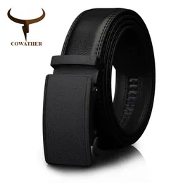 Halsband Cowather Men's Belt Automatic Ratchet Buckle With Cow äkta läderbälten för män Lyxvarumärke Male Strap 110130cm Längd 230718