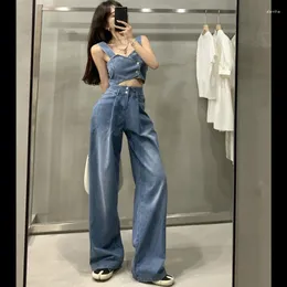 Women's Two Piece Pants Amolapha Women Sexy Summer Jeans Clothing Sets Sleeveless Sling Short Denim Camisole Tops Loose High Waist Female