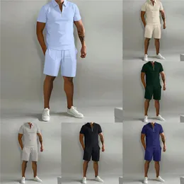 Agasalhos masculinos de verão, ternos casuais, zíper, lapela, manga curta, camisa polo, elegante, cor sólida, conjuntos de 2 peças 230718