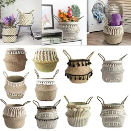 Cestas de armazenamento WHISM Cesta de vime dobrável Seagrass roupas lavanderia com borlas vaso de flores pendurado organizador decoração de casa