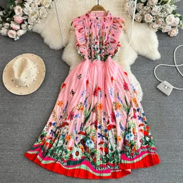 Summer haute couture socialite temperament flying sleeves stand up collar waist up slim A-line pleated dress elegant large swing long skirt
