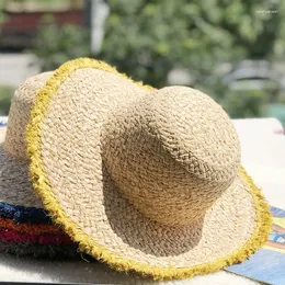 Berets Natural Lafite Straw Hat Women و Mens Contraving Big Eaves Beach Beach DIY حافة كبيرة ملونة