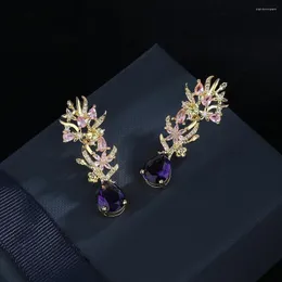 أقراط مسمار WPB Premium Women Flower Flowers Purple Drops الإناث المجوهرات الفاخرة الرائعة