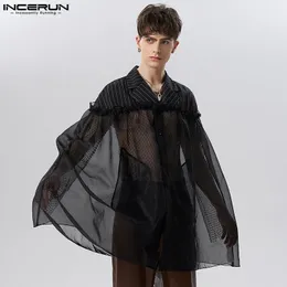 Męskie dresy dresowe indeperun moda mężczyzna Mężczyzna Koszulka Mesh Piatki Patwork Patchwork Lose Button Ruffle Party Ponchos 2023 Streetwear Męskie koszule S 5xl 230718