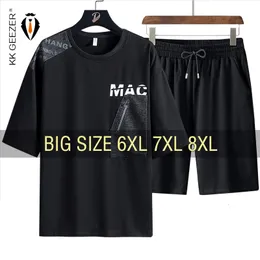 Mens Trachsuits tshirt seti kısa kollu pamuk boyutu 6xl 7xl 8xl artı siyah yaz gevşek fit 230718