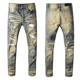 New High quality Mens jeans Distressed Motorcycle biker jeans Rock Skinny Slim Ripped hole printing Famous Brand Denim pants jea288x