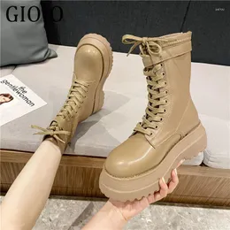 Boots Gioio Ins Women Black Ankle Fashion Lady Winter High Heel Lace Up Khaki Army Green Causal White Warm Shoes