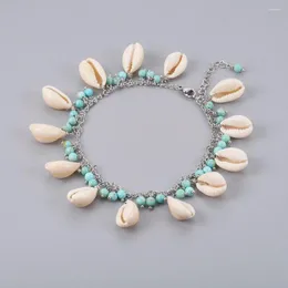 Fußkettchen 5 Stück Kauri Muschel Fußkettchen mit synthetischer türkisfarbener Perle 304 Edelstahlkette für Frauen Fuß Trendy Sommer Strand Schmuck Geschenk