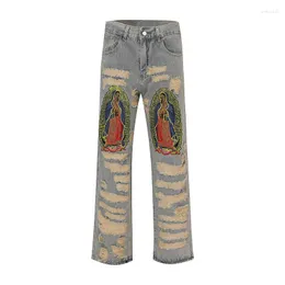 Jeans da uomo High Street Fashion Patch a contrasto con ricamo Pantaloni da uomo casual dritti larghi in denim danneggiati