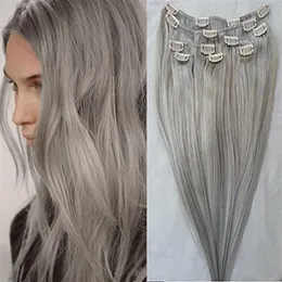 #Gray Clip in Human Hair Extensions 120g set 14''-26'' Peruvian Human Hair Clip In Extensions 7pcs set Silver 303z