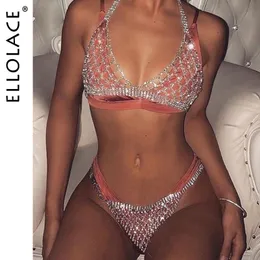 Göbek Çan Düğmesi Yüzükler Elloce Sexy Crystal Bralette Lingerie Set Kadınlar S.