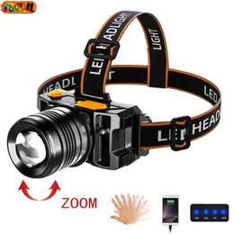 Reflektory Zoomab Wbudowany bateria Kamping Mocny D. Reflektor USB Rozkład czujnik czujnik Wodoodporna głowa Lampa głowa HKD230719