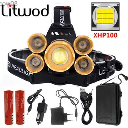 Headlamps Super bright XHP100 5 DHeadlight 100000LM Zoomab Headlamp Aluminum Waterproof Head Torch Lamp Flashlight Camping Headlamp HKD230719