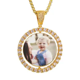 Custom Po picture Iced Out Rotatable Double Side Round Pendant Necklace for Men Women Personalized Memory Picture Hip Hop Jew3295