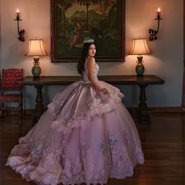 ثياب الكرة الوردية quinceanera ثوب الكرة 2024 المزيج ثلث زهرة السباغيتي حزام حلو 16 فستان حفل فستان فيديسدوس دي 15 أنوس