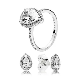 Sparkling av tårhalo ring / studörhängen uppsättning för Pandora 925 Sterling Silver Designer smycken för kvinnor Crystal Diamond Luxury Rings Earring med originalbox