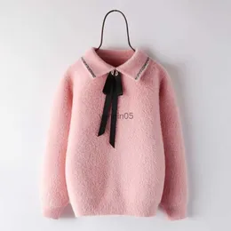 Pullover Kids Girls Pink Sweater Slå ner krage 2021 Nya ankomst Barn Prinsessan Söta skolans pullovers Blue White Tops Winter Clothes HKD230719