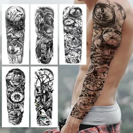 Cool Compass Temporary Tattoo Sleeve For Men Adults Realistic Fake Samurai Wolf Rose Tattoo Sticker Extra Large Full Arm Tatoo