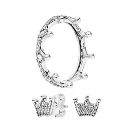 Pandora için sevimli taç saplama küpeleri ve yüzük seti 925 Sterling Gümüş Tasarımcı Mücevherleri Köpüklü Kristal Elmas Lüks Yüzükler Orijinal Kutu ile Küpe
