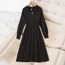 Casual Dresses Big Size Elegant Long Sleeve A-Line Sticked For Women 2023 Polo Collar Twist Mönster Tröja klänning Autumn Winter Robe