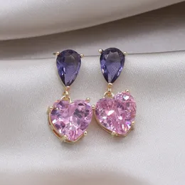 Dangle Chandelier Korea Design Fashion Jewelry Simple Purple Crystal Water Drops Pink Zircon Love Pendant Earrings Sweet Women's Party Earring 230718