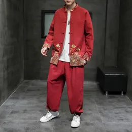 Mäns spårningsdräkter m 5xl plus size Men grodknapp Traditionella kinesiska kläder för vårens höst Streetwear Cloud Embrored Jacket Pants Set 230719