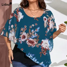 Kvinnors plus-storlek T-shirt sjal Chiffon Fake Two Pieces Plus Size T-shirts Casual Crew Neck Floral Printing Half Sleeve Ruffles Loose Pullover Women's Top 230719