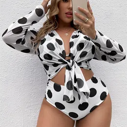 Women s Plus Size Swimwear Dots High Waisted Bikini For 3 Piece Swimsuit With Large Long Sleeves Cover Ups Big Biquini 230719