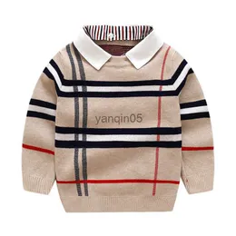 Pullover 2-8t rutig tröja för pojkflicka småbarn barn tröja baby stickar pullover övre vinter tjocka mode spädbarn stickkläder hkd230719