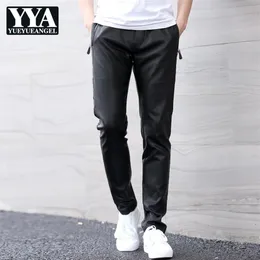 Calça Harém de Couro Pu de Cintura Elástica Reta Casual Streetwear Calças de Ajuste Justo Masculino Tamanho Grande Calças de Couro Sintético Preto244r