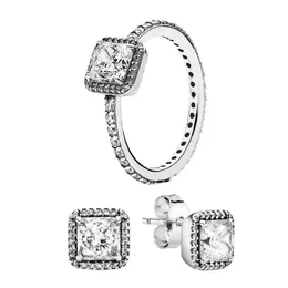 Pandora 925 Sterling Silver Designer Jewelry for Women Girls Crystal Diamond Luxury Rings Earring earing for Pandora 925のスクエアスパークルリングとスタッドイヤリングセット