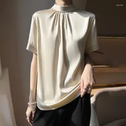 T-shirt da donna 2023 Summer Short Sleeve Half High Neck Pullover Tank Top Fashion T-shirt casual tinta unita in raso