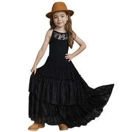 Flickans klänningar Big Girl Flower Wedding Party Backless Chiffon Princess Dress Children's Bohemian Lace Long Dress Tank Top Clothing 3-15 Years 230718