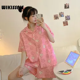 Women's Sleepwear WIKISSPJS 2023 Korean Cartoon Short Sleeve Shorts Bear Manyin Pajamas Suit Two Piece Set Summer Loungewear